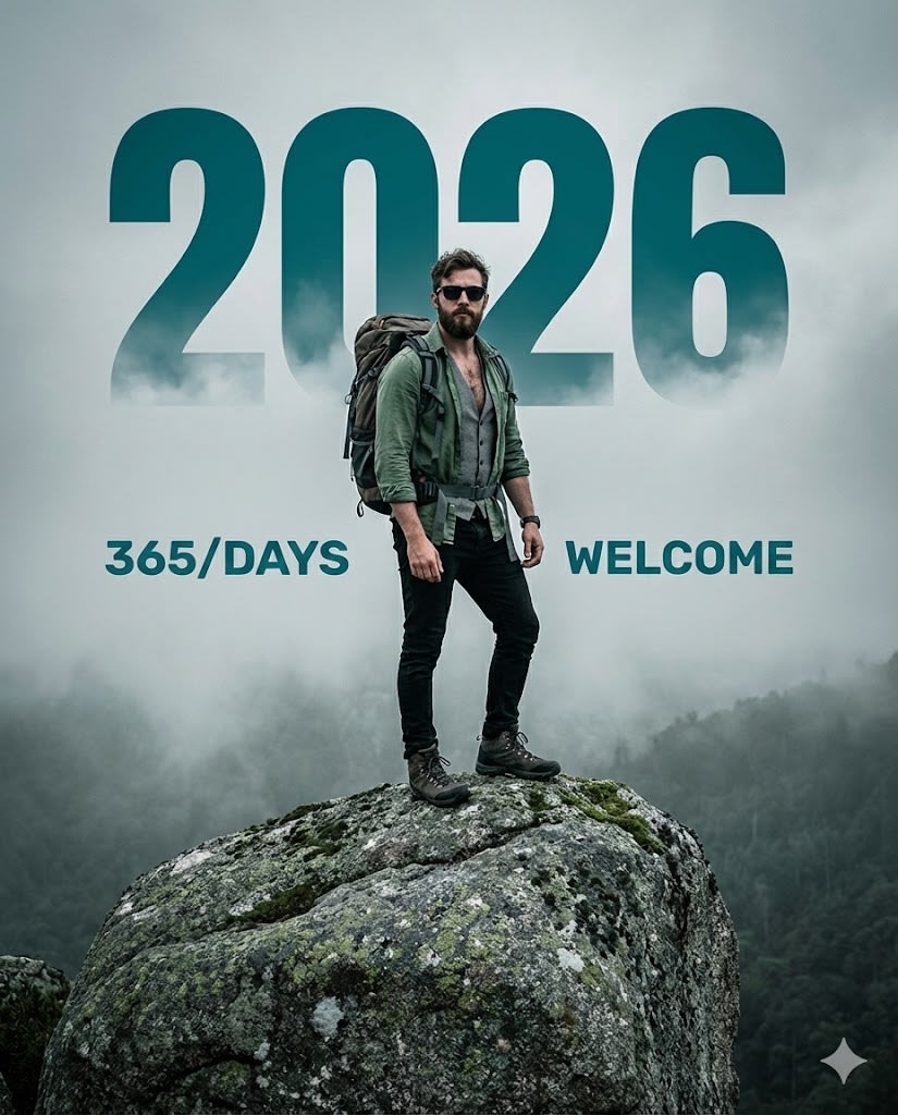 An adventurous full-body shot of a man standing heroically on top of a large, mossy boulder in a foggy mountain environment. He is wearing a green unbuttoned shirt over a grey vest, black jeans, and sunglasses. He has a hiking backpack strapped to his back. The background is thick mountain mist. Large, bold teal text "2026" is integrated into the sky behind him. The text "365/DAYS" and "WELCOME" sits on the horizon line. Desaturated cool tones, travel influencer aesthetic, sharp focus. --ar 4:5