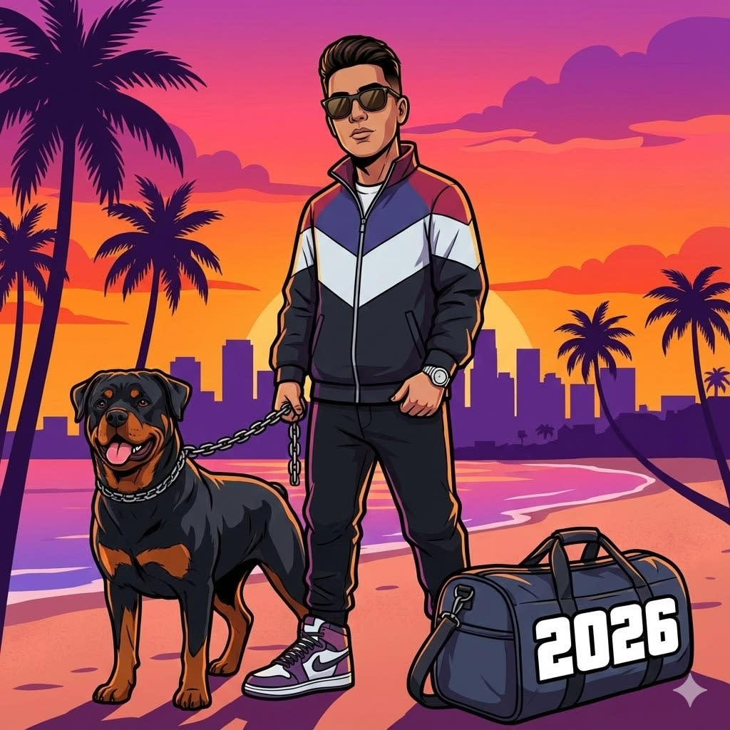 "Grand Theft Auto (GTA) loading screen art style. Vector illustration, cel-shaded. The person is posing confidently with a Rottweiler dog on a leash and a duffel bag marked '2026'. Sunset beach background, bold outlines, saturated orange and pink colors." AR--1:1