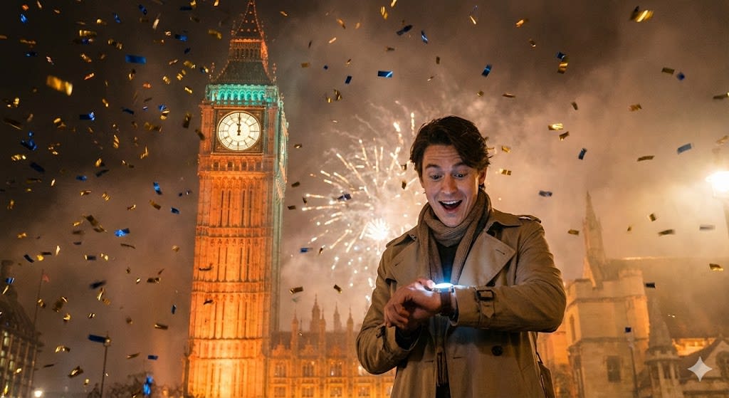 A person standing in front of a giant, glowing clock tower (like Big Ben) that is striking midnight. Confetti is raining down around them. They are checking their expensive watch with a shocked/excited expression. Cinematic teal and orange lighting. Magical atmosphere."