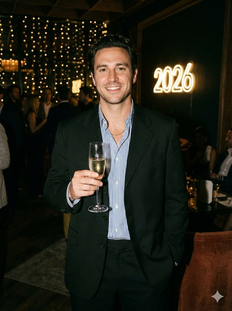 A natural, slightly gritty portrait of a man inside a dimly lit, upscale party lounge, holding up a glass of champagne and smiling directly at the camera, matching the reference photo's expression and features. He wears the specific relaxed dark black suit, striped shirt, and golc chain outfit from the reference image, which looks authentic. Behind him, blurred string lights and a "2026" sign are visible. The photo is sharp, detailed, and feels candid,notstaged.8kquality.--ar3:4