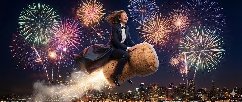 "A cinematic, ultra-realistic wide shot of a person riding a giant, exploding champagne cork like a rodeo cowboy into the night sky. The background is filled with massive colorful fireworks. The person is wearing a tuxedo/evening gown, laughing excitedly, hair blowing in the wind, hyper-detailed face, 8k resolution, festive atmosphere."