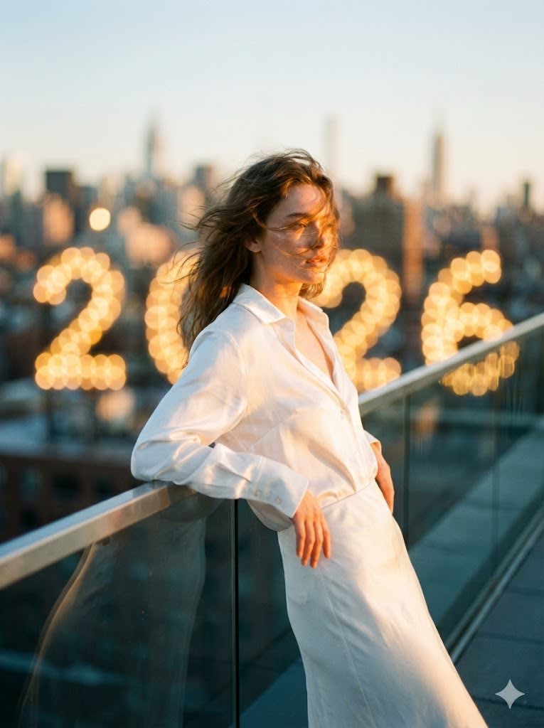 "A candid, high-fashion shot of a person leaning against a glass railing on a rooftop at sunset. Golden hour lighting hitting the face perfectly. In the background, the city skyline is blurred with bokeh lights forming the shape '2026'. Wearing a white silk shirt/dress, wind in hair, soft dreamy focus, 8k resolution." AR--3:4