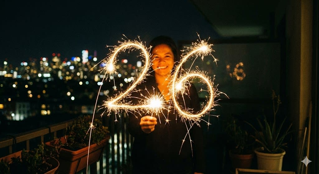 "A long-exposure creative shot. The person is standing on a dark balcony, using a sparkler to write '26' in the air. The light trails are bright gold and crisp. Their face is illuminated by the sparks. They are smiling at the camera. City lights bokeh in the background."
