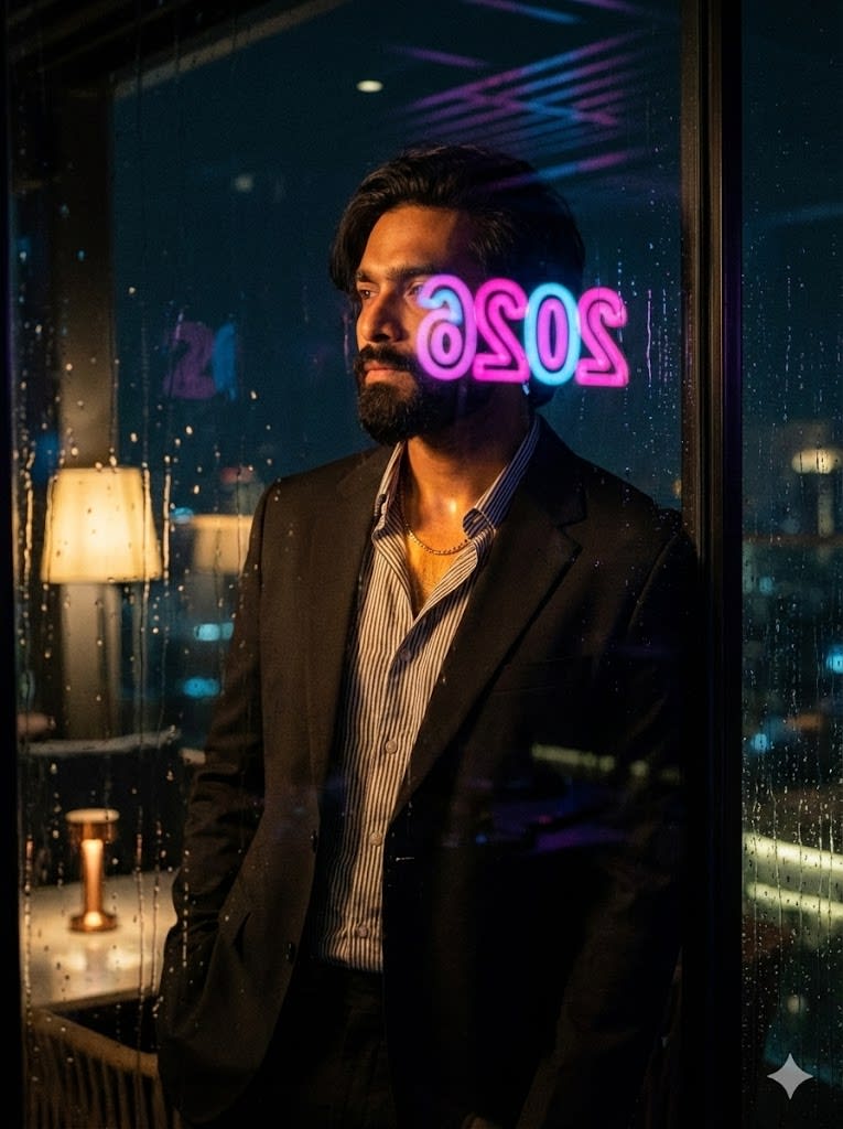 A cinematic, moody portrait taken through a wet glass partition in the upscale lounge. The man in the relaxed dark black suit and striped shirt is looking out, away from the camera, with a gold chain catching the light. The reflection of a neon pink and blue "2026" sign from inside the club is superimposed over his face and the dark glass. Rain droplets streak the window. The lighting is mixed warm tungsten and cool neon. Gritty film grain, emotional aesthetic. 8k quality. --ar 3:4