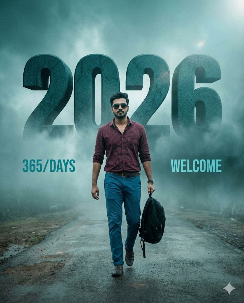 Prompt: A cinematic, wide-angle photo manipulation of a stylish man walking confidently forward on a misty, paved road. He is wearing a maroon patterned button-down shirt, blue chinos, and sunglasses. He is holding a black backpack down in his right hand. The atmosphere is foggy and moody with a teal and cyan color palette. Behind him, huge, monumental 3D text "2026" rises from the fog in a dark teal color. Smaller text "365/DAYS" floats to the left and "WELCOME" to the right. The ground is low-contrast and misty. High-end editing style, CB Edits vibe. --ar 4:5