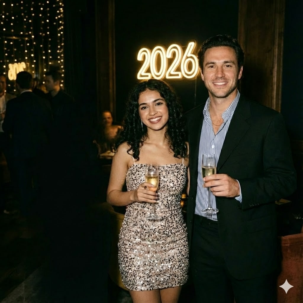 A medium-wide, candid photograph of a smiling couple posing together at a New Year's Eve party. The man on the right wears a black suit jacket over a blue and white striped button-down shirt and holds a champagne flute. The woman on the left has dark, curly hair and wears a sleeveless, sequined mini-dress, also holding a champagne flute. They are standing in front of a brightly glowing neon sign that reads "2026" in warm white light. The background is dark and atmospheric, featuring strands of warm LED fairy lights and other blurred partygoers. The lighting is low and warm, with the primary illumination coming from the neon sign and string lights.