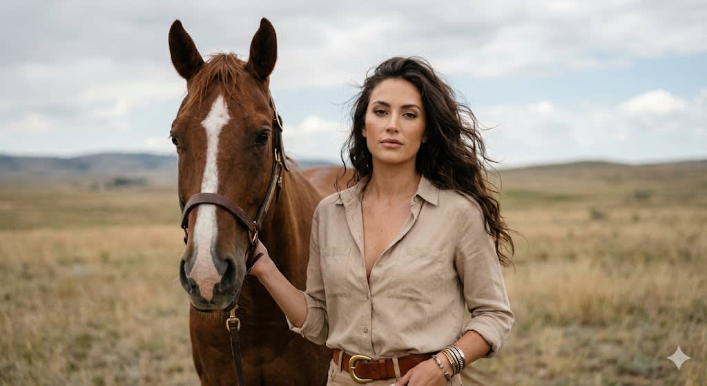 A cinematic, mid-length portrait, capturing a female figure with a strong and elegant presence, standing next to a horse. The subject faces the camera, with a direct and confident gaze. One hand gently holds the horse's halter or head, conveying a calm and powerful connection with the animal.



She wears a long-sleeved shirt in a neutral tone (beige, khaki, or light gray), with the top buttons undone to create a V-neckline. The bottoms are earthy-colored pants (brown or khaki), complemented by a brown leather belt with a large, prominent gold buckle (possibly with the letter 'V'). A gold chain hangs from the belt loops, adding a touch of glamour. The look is adorned with multiple bracelets on both wrists, combining metals and natural materials.



Her hair is long, with voluminous waves and a natural look, as if gently blown by the wind, framing her face. The makeup is natural yet defined, enhancing the beauty of her features. Beside her, a brown horse with a white marking on its face looks forward, in harmony with the figure.



The background is an open field, such as a prairie or a valley, with a cloudy sky and the landscape in the background gently blurred, creating a sense of vastness. The lighting is natural and diffuse, typical of an overcast day, resulting in soft shadows and light that flatters the face and body.



Camera Settings: Captured with a prime portrait lens (e.g., 85mm f/1.8 or 105mm f/1.4) on a full-frame camera for optimal compression and creamy bokeh. Aperture set between f/2.0 and f/2.8 to perfectly isolate the subject and horse from the background. ISO 100-200 for maximum image quality with abundant natural light. Shutter speeds of 1/400s to 1/800s ensure absolute sharpness and freeze any subtle movement of the hair or horse. The lighting is exclusively natural, taking advantage of the soft light of an overcast sky.



Instructions for the "nano banana":



"Please use the user's reference image to capture and apply all of their facial features, facial structure, eye color, skin tone, hair style, and color with maximum fidelity. The goal is to create a version of the user in this cinematic portrait. The clothing, accessories, the pose next to the horse, the confident expression, the diffuse natural lighting, and the open field setting should be rendered as described, creating a perfect fusion between the user's identity and the aesthetics of the image."