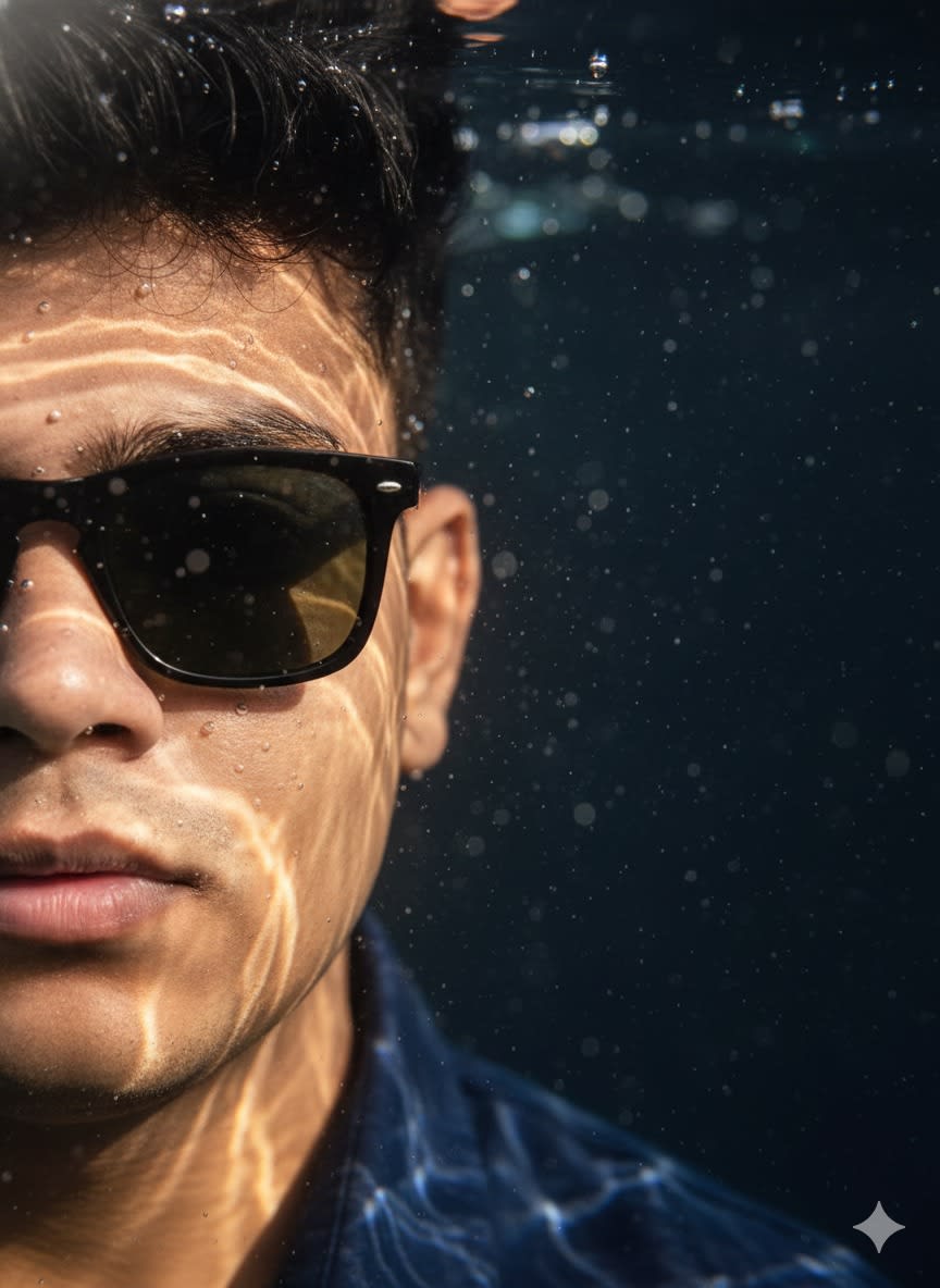 Hyper-realistic, ultra-detailed close-up portrait showing only the left half of my face submerged in water, one eye in sharp focus, positioned on the far left of the frame, light rays creating caustic patterns on the skin, suspended water droplets and bubbles adding depth, cinematic lighting with soft shadows and sharp highlights, photorealistic textures including skin pores, wet lips, eyelashes, and subtle subsurface scattering, surreal and dreamlike atmosphere, shallow depth of field, underwater macro perspective. 3:4 aspect ratio.figure and face fat not show some slim and chisal face look like real face face not look like fatty some jaw line also