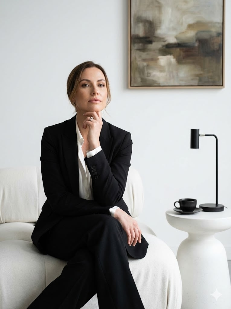 A beautiful, confident woman wearing a black suit sits elegantly on a luxurious white chair that highlights her slim, graceful figure. Her right hand rests gently beneath her chin, with her chin slightly raised in a pose of self-assurance. Her head tilts subtly to the right, eyes steady and looking forward with confidence. Her facial features glow under high-quality cinematic lighting, enhancing her natural beauty. The background is pure white, featuring a rare art painting and soft, cinematic illumination. Beside the chair stands a unique white table topped with a black coffee cup and a stylish lamp decor, creating a refined and elegant atmosphere.
ar3;4