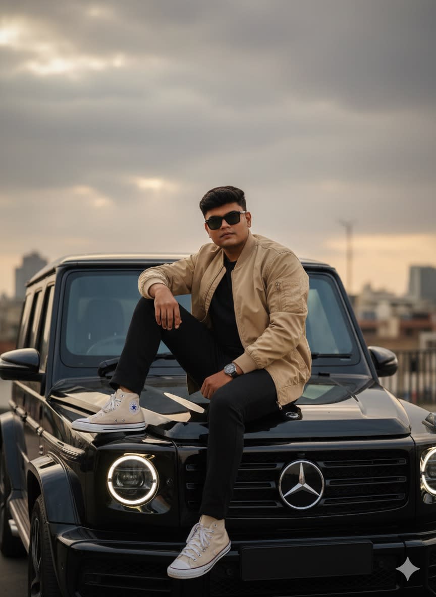 --preserve_identity=100% --no_stylization --no_feature_blending. Sujeto basado en la imagen de referencia. Rasgos faciales exactos; 	Estilo editorial hiperrealista en 8K, con atmósfera cinematográfica de atardecer; 	Hombre sentado de lado sobre el techo de un Mercedes-AMG G63 negro, pierna doblada y pie apoyado en el capó, cabeza ligeramente girada mirando a cámara con presencia impactante; vestimenta: chaqueta bomber beige con cremallera frontal, pantalones negros de corte moderno, zapatillas CONVERSE x OFF-WHITE Chuck Taylor Vulcanized Hi “Clear”, gafas de sol Ray-Ban Wayfarer, estilo casual, sofisticado, urbano y moderno con toque editorial; 	Zona Urbana, fondo con cielo nublado gris;	Luz cálida difusa del atardecer, faros del coche encendidos iluminando suavemente y creando profundidad dramática; retrato en 8K hiperrealista, lente 24 mm f/1.2, profundidad de campo reducida, fondo suavemente desenfocado, enfoque absoluto en texturas de piel, cabello, ropa y materiales del automóvil, iluminación natural combinada con faros, tonos cálidos y contraste suave. 	-- ar 9:16 vertical, 8K RAW, lente 35-85mm f/1.2-f/2.8, ISO 100-400, enfoque nítido en rostro/ojos, profundidad de campo reducida, bokeh suave, HDR, iluminación cinematográfica, gradación cálida/natural, grano de película sutil, texturas hiperrealistas de piel, ropa y accesorios, fondo suavemente desenfocado, nitidez editorial, estilo editorial/alta moda.	-- sin CGI, 3D, render, caricatura, anime; sin piel de plástico, borroso, artefactos, distorsiones, poses rígidas; evitar saturación o colores irreales, sobreexposición, reflejos falsos; no alterar rostro, expresión, cuerpo ni identidad; mantener realismo y estilo cinematográfico/editorial.figure and face fat not show some slim and chisal face look like real face face not look like fatty some jaw line also