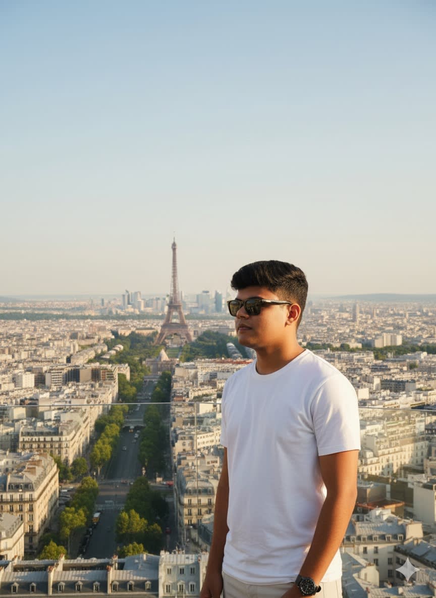 A hyper-realistic cinematic image, uploaded image a picture of the young man, 1m60, 22 old years do not edit . 
He is standing at the very top of a famous tower in Paris,
From this high vantage point, the entire Paris skyline is visible: the Eiffel Tower in the distance, classic Parisian rooftops, and winding streets below. White tee-shirt, black watch
Golden daylight shines across the city, with soft atmospheric haze adding depth. 
The camera angle is wide, slightly low, making the person look majestic and free while embracing the panoramic view. 
Mood: liberating, cinematic, awe-inspiring. 
Aspect ratio: 16:9, ultra-realistic, cinematic detail.figure and face fat not show some slim and chisal face look like real face face not look like fatty some jaw line also