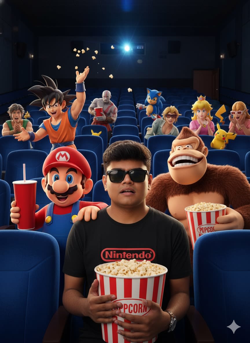 "A hyperrealistic cinematic shot inside a dark movie theater with visible blue seats in the background, filled with various video game characters having fun. The main character, a man (from the provided photo), looks embarrassed, wearing a simple black Nintendo t-shirt, holding a large red and white striped popcorn bucket in one hand.
On each side of the main character:
* Left: Mario Bros. holds a red soda cup in one hand, with a mischievous expression.
* Right: Donkey Kong is laughing heartily, holding his own popcorn bucket. His smile is wide and sensual, with gleaming teeth.
In the background, other video game characters are visible in the seats, including Goku from Dragon Ball, Kratos from God of War, Sonic, Link, Zelda, Princess Peach, a Pikachu-like character, and many more, some wearing 3D glasses, others tossing popcorn in the air, creating a chaotic and festive atmosphere.
The lighting is cinematic, primarily coming from an invisible screen in front of them, with light reflections on their faces and popcorn buckets. The details are extremely realistic. The overall atmosphere is joyful, original, and slightly exaggerated."figure and face fat not show some slim and chisal face look like real face face not look like fatty some jaw line also