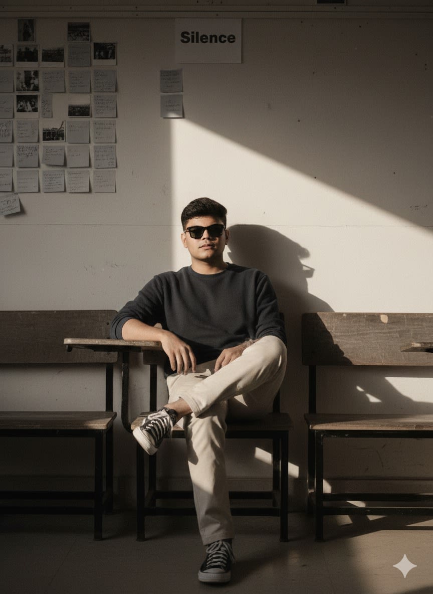 Edit this image of a young man into a high-contrast black and white portrait in a quiet classroom. he leans casually on a wooden school chair, legs crossed, wearing a navy blue sweatshirt, beige chinos, and black-and-white Converse sneakers. calm neutral expression. His left arm rests on the desk, his right hand drops casually to the side. Behind him, an off-white classroom wall with visible wear, pinned papers, photos, and sticky notes in a grid. One page clearly shows the printed word “Silence”, positioned above his head. Sunlight enters sharply from the right, casting a triangular beam of light on the wall and her shadow. The contrast is dramatic, cinematic, and natural, with a warm late-afternoon tone. The overall style feels candid and realistic, similar to a film photograph: slightly grainy, soft vintage texture, natural imperfections.figure and face fat not show some slim and chisal face look like real face face not look like fatty some jaw line also