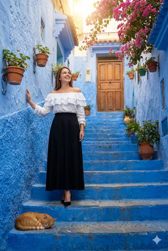 A photorealistic, full-body shot of a young woman standing on a narrow, blue-painted stone staircase in Chefchaouen, Morocco. She is wearing a white off-the-shoulder ruffled blouse and a long black skirt, with black heels. She stands on the stairs looking up and to the side with a bright smile, her left hand resting gently on the blue textured wall. The alleyway is vibrant blue, decorated with terracotta flower pots containing green plants mounted on the walls. Cascading pink bougainvillea flowers hang from the top right. In the background at the top of the stairs is a traditional wooden door. On the bottom left step, a small ginger cat is curled up sleeping. Soft, warm golden sunlight streams from the top center, creating a backlight effect against the cool blue tones. Cinematic lighting, highly detailed, 8k resolution ar--4:5