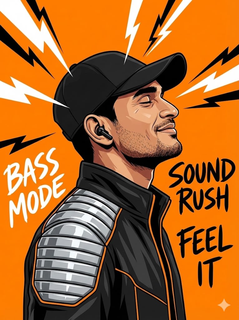 "A high-contrast vector illustration in the style of Grand Theft Auto loading screen art or an esports mascot logo. The subject is a man shown in strict side profile facing right, head tilted slightly back with eyes closed and a blissful, smiling expression. He has short dark stubble and is wearing a plain black baseball cap and a black tech-wear jacket. The jacket features distinct silver, horizontally-ribbed metallic padding on the shoulder and upper arm, accented with thin orange piping along the zipper and collar. He is wearing a black wireless earbud. The background is a flat, vibrant orange. Jagged white and black lightning bolts radiate explosively from the head area. Hand-lettered marker-style text surrounds him: white text 'BASS MODE' on the left, and black text 'SOUND RUSH' and 'FEEL IT' stacked on the right. Thick black outlines, cel-shaded coloring, sharp details." ar--3:4