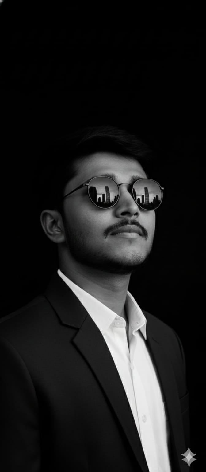 Dramatic, ultra-realistic close-up in black and white with high-contrast cinematic lighting from the side, highlighting the contours of his face and beard, casting deep shadows. He wears round, reflective sunglasses. He gazes confidently upward into a dark void. The sunglasses reflect a city's towering skyline. The atmosphere is mysterious with a minimalist black background. Details in 4K. Keep the subject's exact facial structure, hair texture, the original photo.