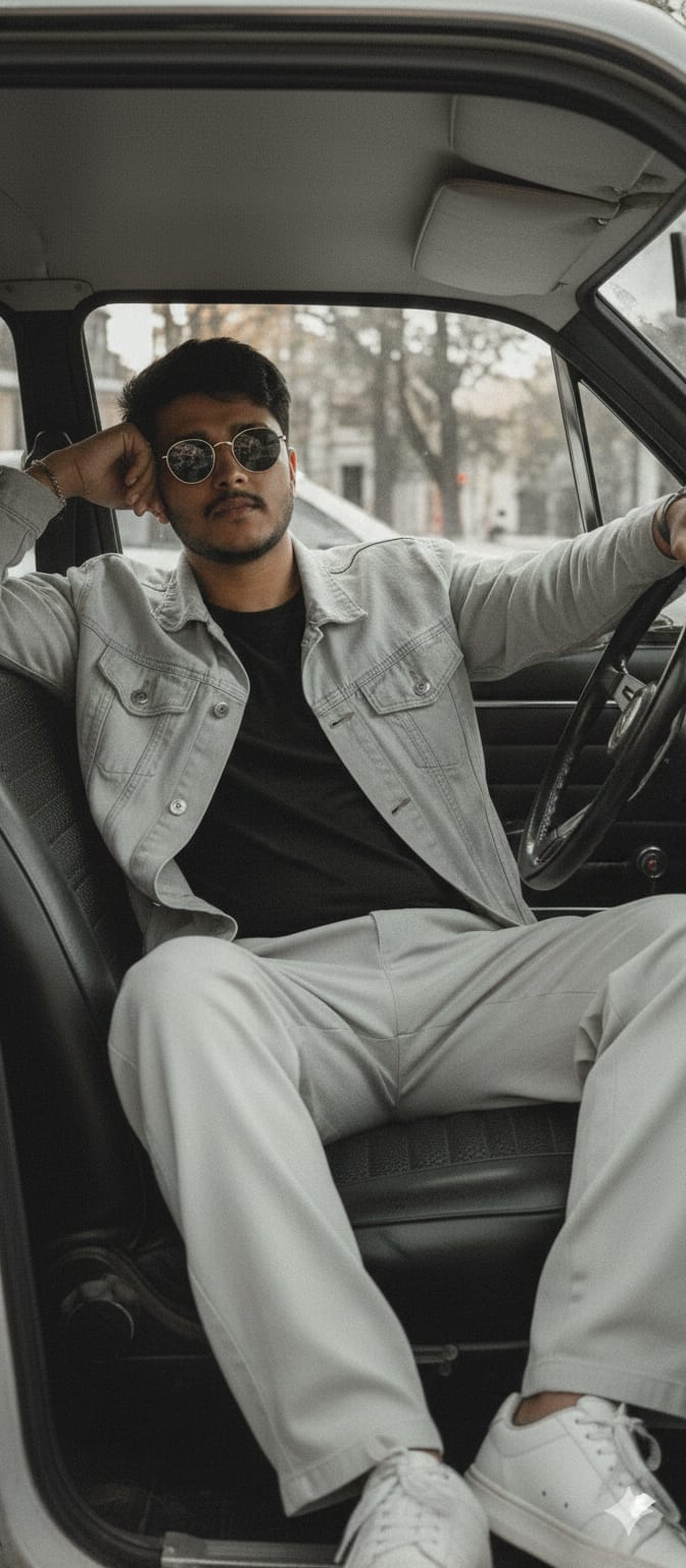 Create a hyper-realistic portrait of a man (man of the uploaded photo) sitting in the driver's seat of a car, wearing a black shirt, combined with a faded light gray jacket and light gray wide-leg pants. White shoes should be visible, complementing the casual look. Round sunglasses with dark lenses should be positioned on the nose, highlighting a confident and slightly ironic facial expression. Relaxed posture: one arm on the sports steering wheel, the other supporting the head, conveying a relaxed look. The interior of the car should include side windows showing urban scenery (trees, buildings and part of another vehicle), and a black textured seat. Soft natural lighting, simulating daylight coming through the windows, creating a contrast between the warm colors of the clothing and the neutral environment of the car. Vintage style, with desaturated tones and slightly grainy textures, evoking a nostalgic atmosphere. Dominant tones of gray, white and black, with a balance between external light and internal shadows. Slightly elevated perspective, framing that includes the top of the knees to the head, with the steering wheel partially visible on the right.