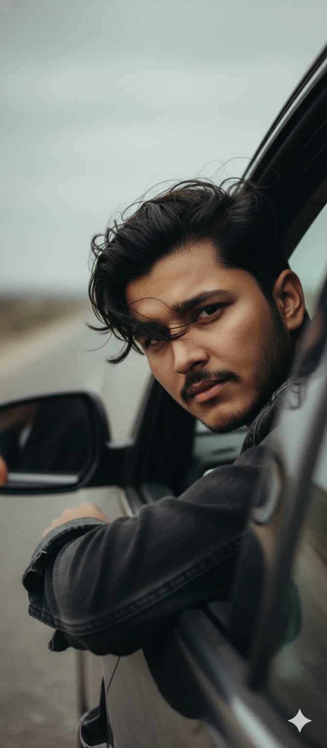 A cinematic and intimate portrait with an analog film aesthetic, capturing a male figure inside a car. The subject is looking out the open window, his arm resting on the door and his face partially framed by the car's frame, creating a sense of depth and a spontaneously captured moment. His gaze is direct, intense, and melancholic toward the camera.
His hair is tousled and flowing, as if blown by the wind, with strands falling over her face, adding a sense of movement and rawness to the scene.
He wears a dark, casual jacket (jeans or sweatshirt).
The background is a blurred, desolate landscape, suggesting a road on a cloudy day or at dusk. The car's rearview mirror is visible, adding to the travel context. The color palette is desaturated, with cool, earthy tones, and the image has visible film grain, contributing to the nostalgic and introspective atmosphere. The lighting is natural, soft, and diffuse, typical of an overcast day, shaping the face with delicate shadows.
Camera Settings: Captured with a 50mm or 85mm prime lens on a full-frame camera for an intimate and natural perspective. Aperture set between f/1.8 and f/2.8 to create a very shallow depth of field, keeping the eye in sharp focus and gently blurring the foreground and background. ISO 400-800 to capture the scene in low light and highlight the natural film grain. Post-production editing to achieve the analog film look, with desaturated colors and cool tones.
Instructions for the "nano banana":
"Please use the user's reference image to capture and apply all of their facial features, facial structure, eye color, skin tone, style, and hair color with maximum fidelity. The goal is to create a version of the user in this cinematic portrait. The pose in the car window, the flowing hair, the soft lighting, the desaturated color palette with film grain, and the introspective atmosphere should be generated as described, creating a perfect fusion between the user's identity and the aesthetics of the image."