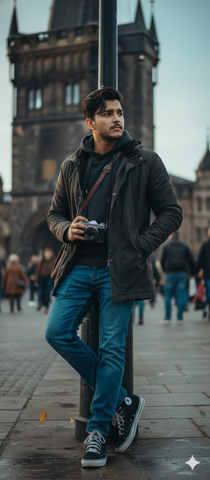 Edit this image — transform the photo into a high-end street-photography portrait of a traveler/photographer leaning casually on a lamp post in front of a historic tower. Keep the original pose and composition: standing with left leg bent and foot on the lamp base, right leg relaxed, left hand in jacket pocket, right hand holding a camera down by the thigh, shoulders slightly turned to camera, chin up and gaze off-frame. Preserve the camera, beard and textured jacket but enhance and stylize as follows:
Wardrobe & accessories: keep the dark parka/jacket but enrich fabric texture (subtle waxed canvas look), change inner hoodie to a soft charcoal knit, keep blue jeans but slightly deepened to rich indigo with natural creasing. Emphasize the high-top sneakers — boost contrast on black-and-white panels and add faint scuff details for realism. Add a small messenger bag strap across the chest and a compact leather wrist strap on the camera.
Lighting & color: cinematic cool-tone grade (soft blue shadows) with warm golden rim light hitting the left side of the face and shoulder (suggest late-afternoon sun). Slightly boost contrast and midtones to create punch without losing skin detail. Add subtle film grain and gentle vignette to focus on the subject.
Camera & optics: emulate 35mm–50mm prime look, shallow DOF (f/1.8–2.8) so the tower and crowd become painterly bokeh while the subject remains razor-sharp. Slight perspective correction to emphasize the tower peek behind his shoulder. Enhance catchlight/reflection in the eyes (or sunglasses reflection if present) and sharpen camera details.
Background & atmosphere: keep the busy pedestrian scene but soften and desaturate it so the subject pops; raise clarity and texture on the stone tower so it reads as a strong architectural anchor. Add a few falling autumn leaves and a faint wet-pavement sheen to suggest recent rain (subtle reflections under shoes).
Final touches: natural skin retouching (preserve stubble and pores), boost micro-contrast on jacket and jeans, accentuate lens/glass reflections on the camera. Export as photorealistic, vertical 4K editorial crop with high detail.
Position (short): standing, left foot on lamp base, leaning against lamppost, camera in right hand, left hand in pocket, gaze off-frame.