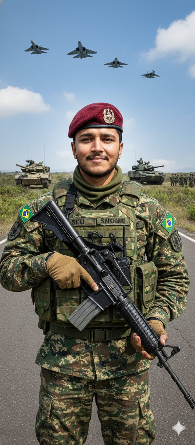Crie uma fotografia realista de um soldado em posição de prontidão, com leve sorriso, em pé ao ar livre. O soldado sou eu, vestindo uniforme militar camuflado em tons de verde, marrom e bege, com colete tático verde-oliva cheio de bolsos e compartimentos. No colete está escrito o nome( SEU NOME). Uso uma boina vinho com distintivo metálico, uma gola de lã verde enrolada no pescoço e luvas marrons. No braço direito há o brasão com a bandeira do Brasil. Estou segurando um rifle preto moderno, calibre 5,56 mm (M16), apoiado na frente do corpo com as duas mãos.

O fundo mostra arbustos verdes e piso cinza de asfalto. Atrás, complemente a cena com um cenário militar épico, incluindo tanques de guerra, carros de exército, caças voando no céu e soldados em formação ao fundo. A iluminação deve ser equilibrada e realista, transmitindo a atmosfera de uma operação militar. A cena deve combinar prontidão e seriedade com cordialidade e humanidade expressa pelo leve sorriso.