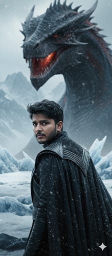 Uma imagem minha [foto enviada em anexo] criar uma foto 4K altamente realista em um ambiente frio, com o rosto de Drogon ao fundo, levemente desfocado. Eu estou de costas, virando apenas a cabeça para a câmera. Eu estou usando roupas pretas Targaryen levemente desfocadas, enquanto meu rosto e feições permanecem claros e realistas.