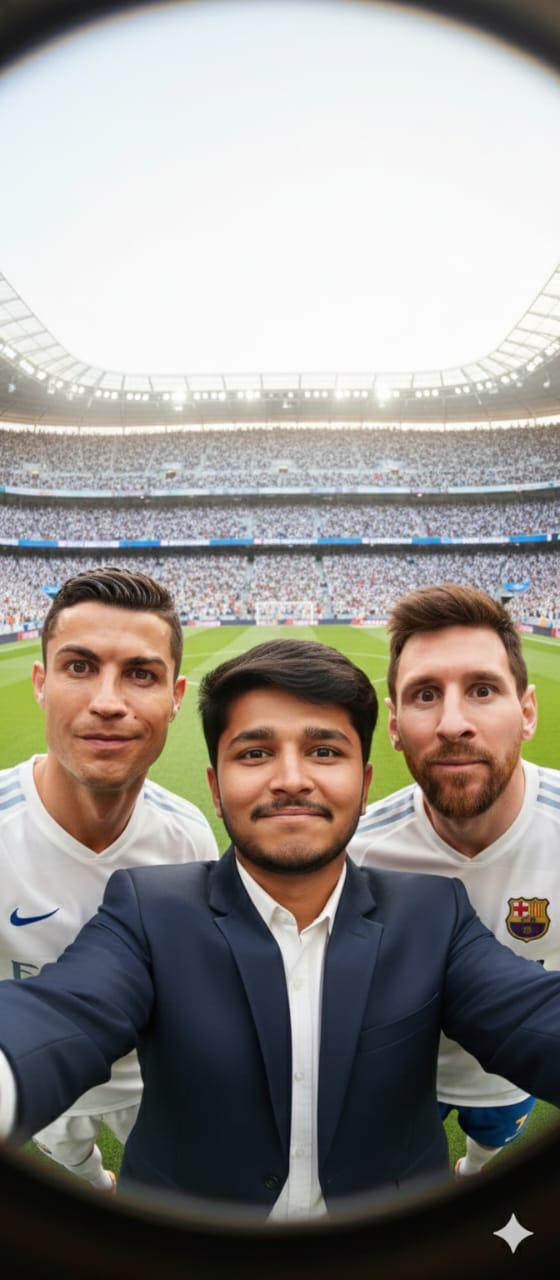 Ultra-realistic 3D 9:16 vertical format fisheye selfie of me with [Christiano Ronaldo, Messi]. We're all making silly, exaggerated faces. Set in a football stadium, bright conditions, stadium full of viewer, with white tones. low camera angle. Realistic, cinematic lighting integrated with stylized realism.