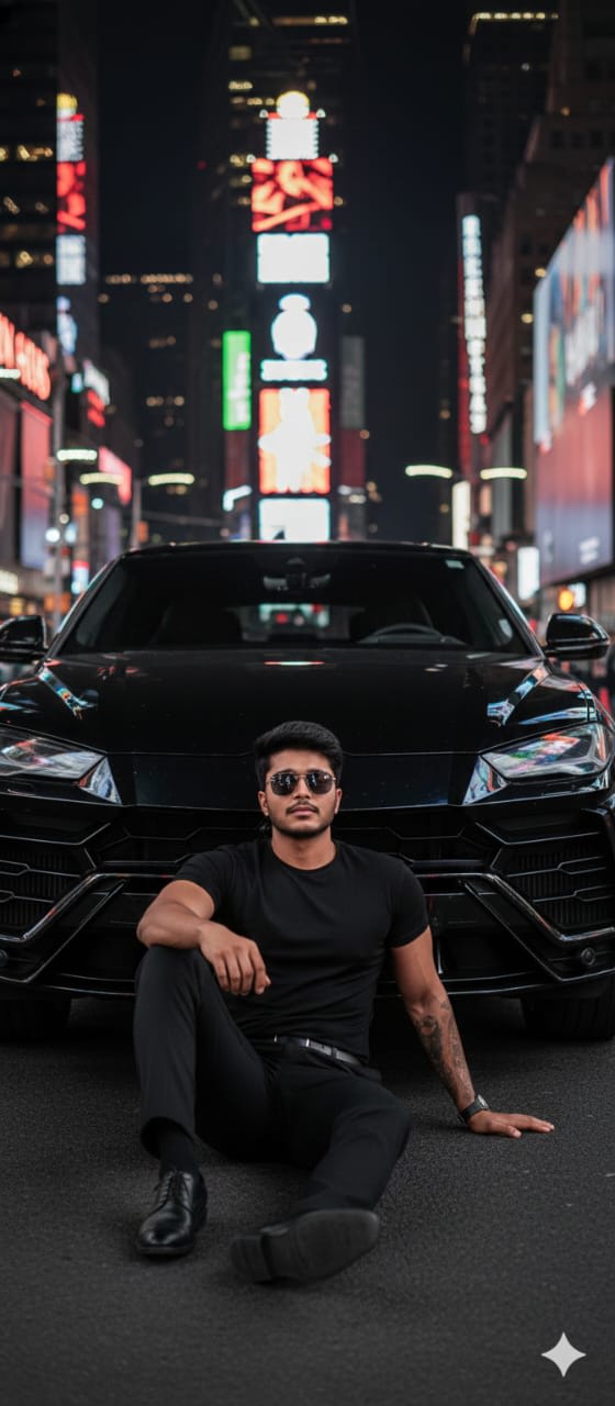 Use o modelo (a pessoa da imagem)
Para criar uma foto, com a avenida time square de fundo, no meio da foto uma lamborghini urus preta e a pessoa da foto sentada no chão na frente do carro, apoiando suas costas nela, com a perna direita dobrada e seu braço direito apoiado nela, com a perna esquerda esticada e sua mão esquerda apoiada no chão, a pessoa da foto deve estar usando uma camiseta preta básica apertada e de manga curta, calça preta social justa e cinto preto, sapatos pretos sociais, relógio social na mão direita, a pessoa deve estar usando óculos escuros e olhando para frente, o dia deve estar de noite e a time square toda iluminada. Mantenha o rosto e as tatuagens da pessoa, sem mudar o estilo do cabelo e que a imagem seja o mais realista possível.