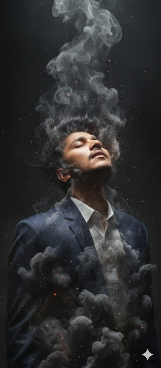 A photorealistic 8K ultra-resolution image in 4:5 aspect ratio depicting a man whose body is disintegrating into thick smoke and ash that rise upward into the air. The reference photo (attached) must be used to match the facial bone structure and likeness with 100% accuracy, keeping the face absolutely identical, without any distortion, alteration, or facial change.
The man’s head is slightly tilted backward, eyes closed, and mouth gently open, showing an expression that conveys both agony and transcendence, as if caught between suffering and release. His dark, messy hair lifts upward, blending naturally into the smoke above.
The disintegration effect must be hyper-realistic: the body gradually dissolves from solid form into swirling, thick smoke and floating ash particles. The transition from skin to smoke must look organic and ethereal, emphasizing the transformation. Small glowing embers and ash particles are suspended in the smoke, creating depth and motion.
Use dramatic, high-contrast cinematic lighting that highlights facial contours, enhances the texture of smoke and ash, and intensifies the emotional tone. The background should be dark and moody, allowing the rising smoke to stand out with depth and dimension.
The final image must be emotionally powerful and visually striking, evoking both destruction and transcendence — a profound moment of human dissolution and transformation.
— Style: Hyper-realistic, cinematic, detailed textures (skin pores, hair strands, smoke density, ash particles)
— Resolution: 8K ultra-realism
— Aspect ratio: 4:5
— Lighting: Dramatic, directional light with deep shadows
— Emotion: A mix of agony, serenity, and transcendence
— Reference: The attached photo must be used to replicate the face with 100% precision and no modification