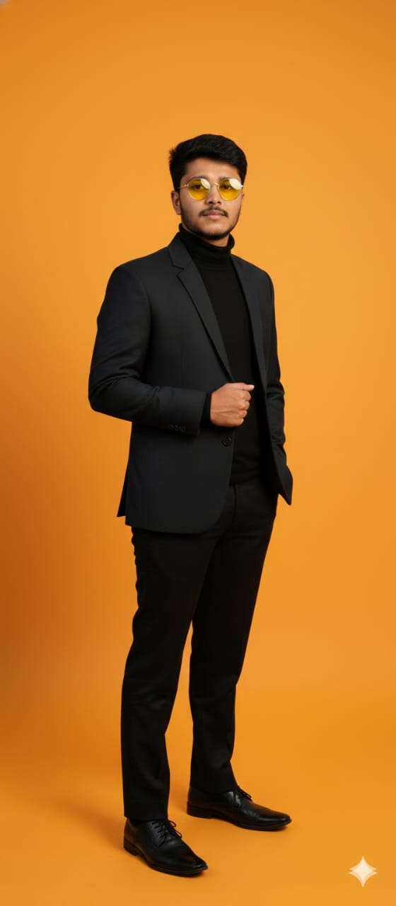 Studio photography of a me in a black suit, black turtleneck and round sunglasses with translucent yellow lenses.
Vibrant orange background.
Unique poses from the front.