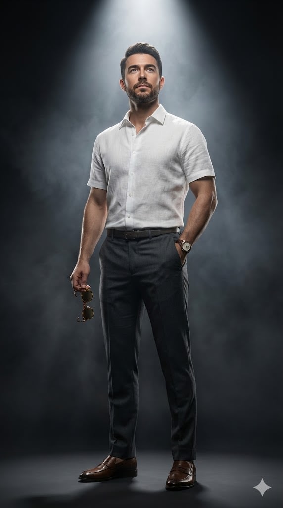 Hyper-realistic cinematic editorial portrait of the provided man (keep face 100% unchanged, preserve realistic skin texture). He stands tall in a dark, moody studio, facing the camera under a dramatic spotlight, with soft drifting smoke creating atmosphere. Outfit: crisp short-sleeve white button-up shirt in relaxed old money style, tucked effortlessly into tailored lightweight trousers, minimal belt, and polished leather loafers. Accessories: a classic luxury wristwatch visible on the wrist, and vintage sunglasses casually held in one hand. His posture feels effortlessly confident, one hand partly in pocket, shoulders relaxed, head tilted slightly upward with calm authority. Strong contrast lighting enhances the natural textures of skin and fabric, creating a timeless, understated but powerful old money editorial look in photorealistic 8K detail ar--9:16