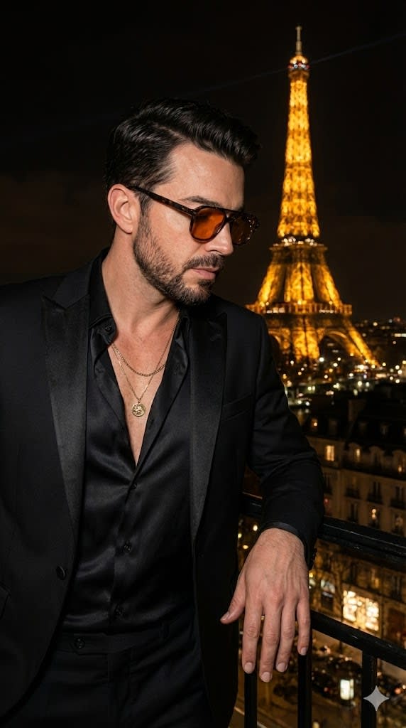 Generate an image with the following features, using the face in the image I have attached: A man with a modern and elegant style wearing sunglasses with yellow or orange lenses and a dark frame. He wears a black silk shirt with some unbuttoned buttons, revealing delicate gold necklaces. Over his shirt, he wears a black blazer with shiny satin lapels. The lighting is nocturnal and dramatic, with the Eiffel Tower illuminated in the background, creating a warm glow in the dark sky. The man is on a raised balcony or terrace, with the city of Paris at night visible below, filled with twinkling lights. His pose is contemplative, looking down or sideways, with one of the hands visible and nails well-groomed. The atmosphere is sophisticated and mysterious Keep 100% of the reference photo face!