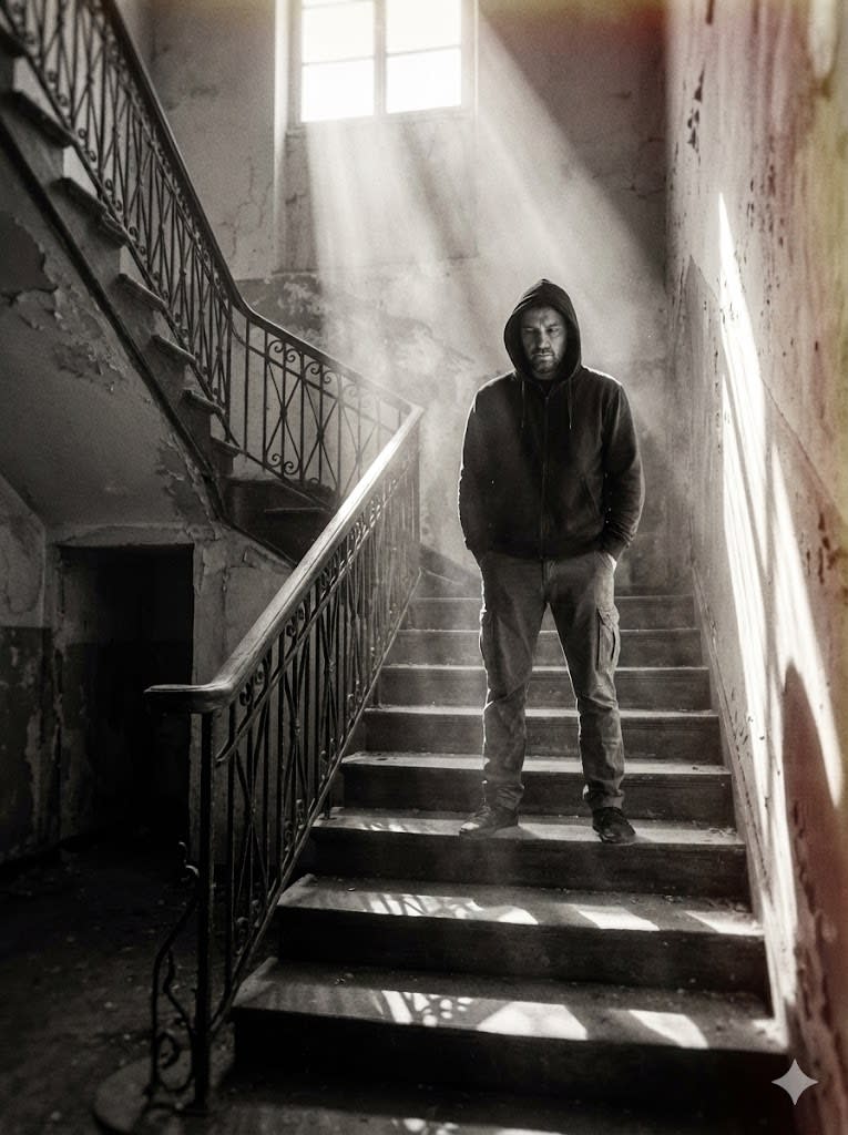 cinematic black and white photograph with faint nicotine-yellow and rust-red tones bleeding into highlights and midtones, evoking aged tungsten light and cigarette smoke, inspired by film noir and German Expressionism, interior of an old decaying house with a wooden staircase and ornate railing, diagonal expressionist shadows cast by a strong single light source, a man in a dark hooded jacket and cargo pants stands halfway up the stairs, hands in pockets, no hat, expression somber and introspective, atmosphere of solitude, guilt, and spiritual purgatory, chiaroscuro lighting with high contrast between light and darkness, beam of light cutting through the air like a confession, dust or haze visible, psychological tension and silence thick as smoke, film grain texture, 85mm lens look, f/1.8 cinematic depth of field, ISO 800, subtle vignette, soft highlight roll-off, volumetric light rays, contrast +25, shadows +10, style reminiscent of The Third Man, The Innocents, Angel Heart, and Detour, 1940s–1980s hybrid no