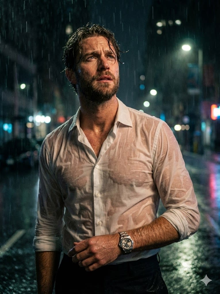 A hyper-realistic cinematic portrait of me standing in the rain at night. My hair is wet and tousled, raindrops glisten on my face, and i gazes upward with an intense, emotional expression. I wears a soaked white button-up shirt clinging to my body, and a luxury wristwatch gleams on his wrist. Dramatic moody lighting, deep shadows, water droplets frozen in motion, photography style. AR--3:4