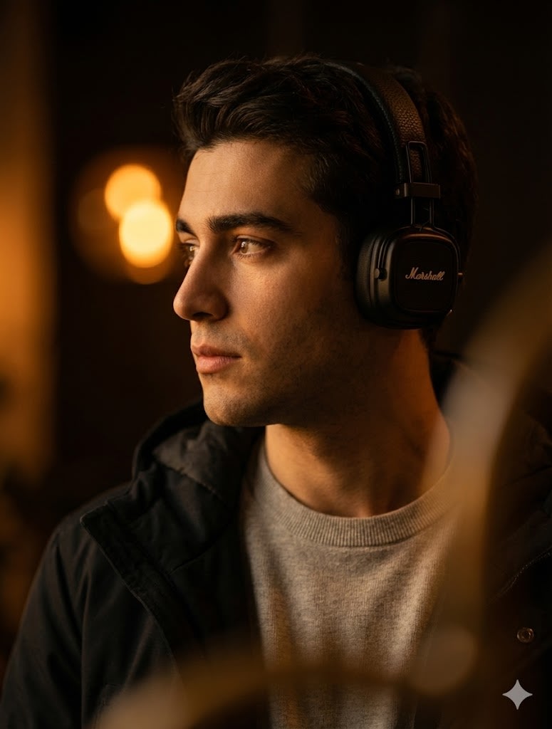 Create a realistic moody, cinematic, and candid portrait of a man(from uploaded image) wearing a light crewneck sweater, jacket with hoodie. Marshall over-ear headphones, viewed in profile with a contemplative gaze. Rich, warm amber lighting dominates the scene, creating dramatic low-key contrast and deep shadows. The composition features an extremely shallow depth of field with sharp focus on the subject and intentional, dark, blurry foreground elements and bokeh.