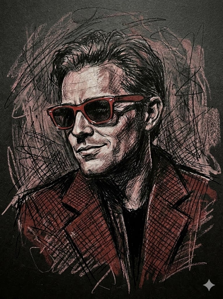 A rough hand-drawn grunge portrait of a confident man wearing bold red sunglasses and a red jacket, three-quarter view, head slightly turned and looking past the viewer with a subtle confident smirk, expressive cross-hatching pencil sketch style, dramatic shadows, intense expression, artistic chaotic linework background, black paper texture, charcoal and ink strokes, high contrast, cinematic lighting, illustrative poster art, moody atmosphere, muted tones with deep reds, ultra detailed sketch aesthetic, artistic composition, hyper-stylized portrait. AR--3:4