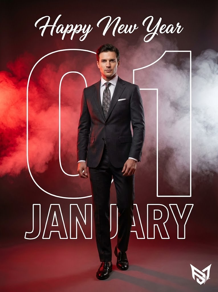 Photo of a classy modern man wearing polished black loafers, fashionable full body look. Text at the top in white script reads "Happy New Year". A large white outline number "01" dominates the background. The word "JANUARY" in large white outline font is positioned below the 01. Strong red and white smoke effect behind the 01. Dramatic studio lighting, but soft natural even lighting on face to ensure face is 100% match. High detailed natural skin texture, 8k resolution, cinematic quality. White logo in the bottom right corner. AR--3:4