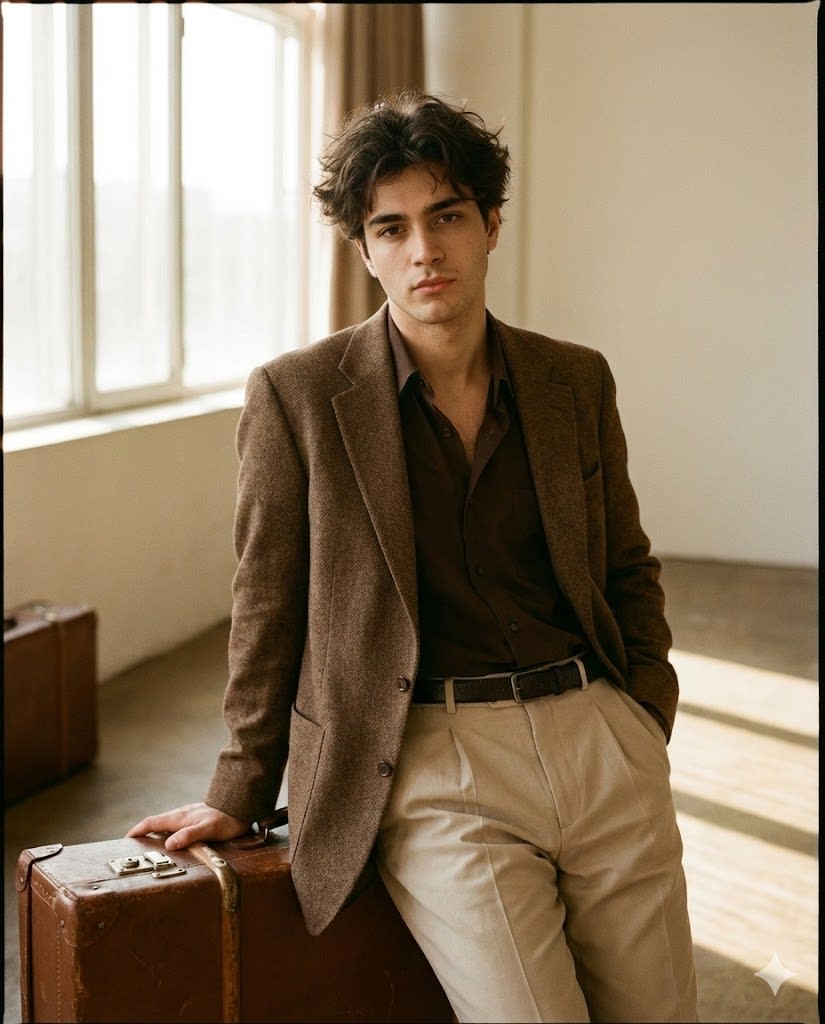 A stylish young man, facial will be 100% same as the reference image, with sharp features and dark tousled hair parted naturally. He is leaning casually against a vintage suitcase. He wears a textured brown blazer over an open-collar dark brown shirt, slightly unbuttoned at the top, paired with high-waisted light beige pleated trousers and a dark belt. The aesthetic is elegant and retro-inspired, with earthy tones. Minimalistic indoor background, cinematic warm natural lighting. Use the face from the uploaded reference image and preserve the same facial features — do not alter the face. AR--4:5