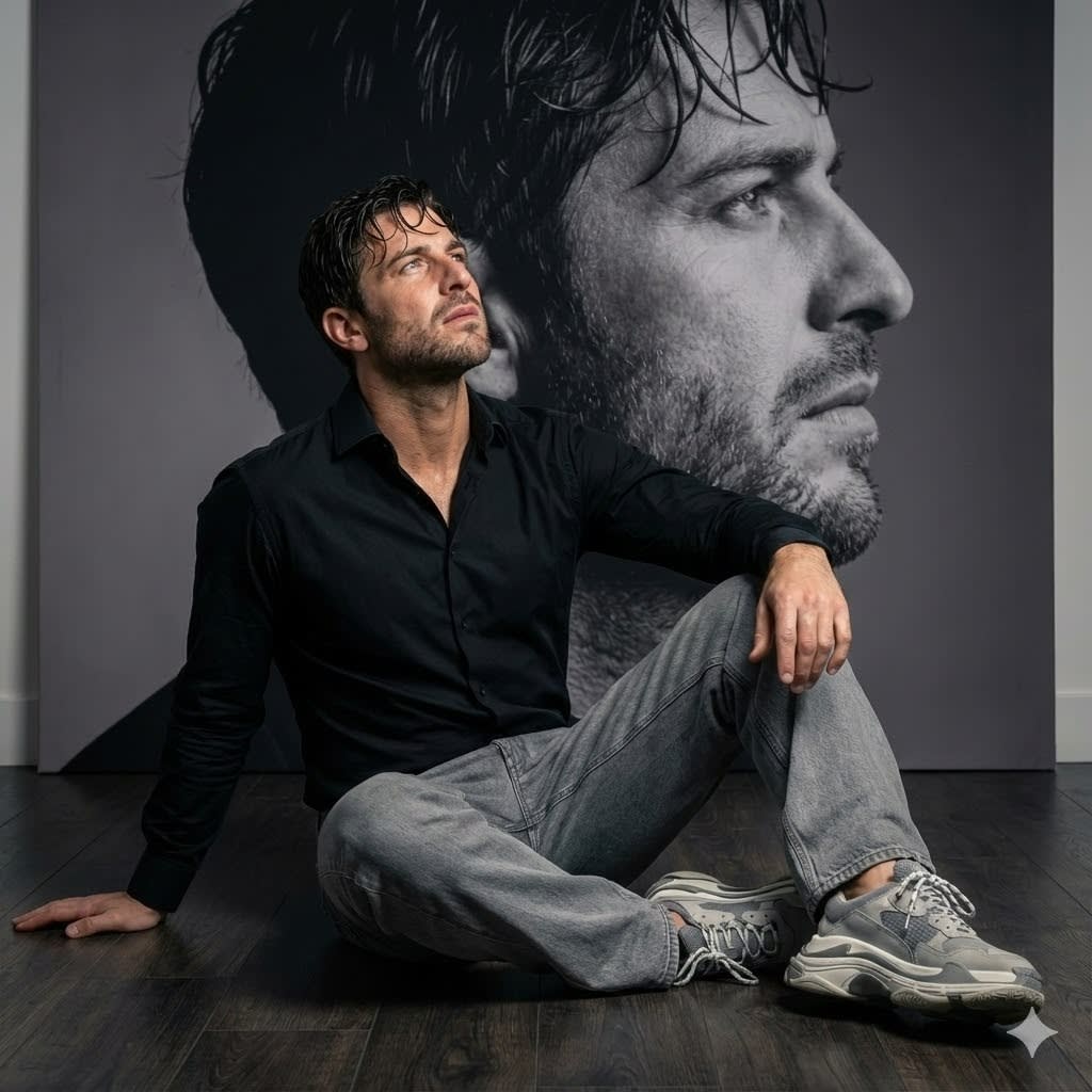 A hyper-realistic portrait. The face is preserved exactly as in the uploaded image—without any alterations.
The man sits elegantly on the floor, wearing a stylish black shirt, soft, loose-fitting gray jeans, and chunky gray-and-white sneakers.
He is looking upwards.
Background: A stylish black-and-white composition showing a large, soft, close-up profile shot of the same face, creating a cinematic feel to the double portrait. AR--1:1