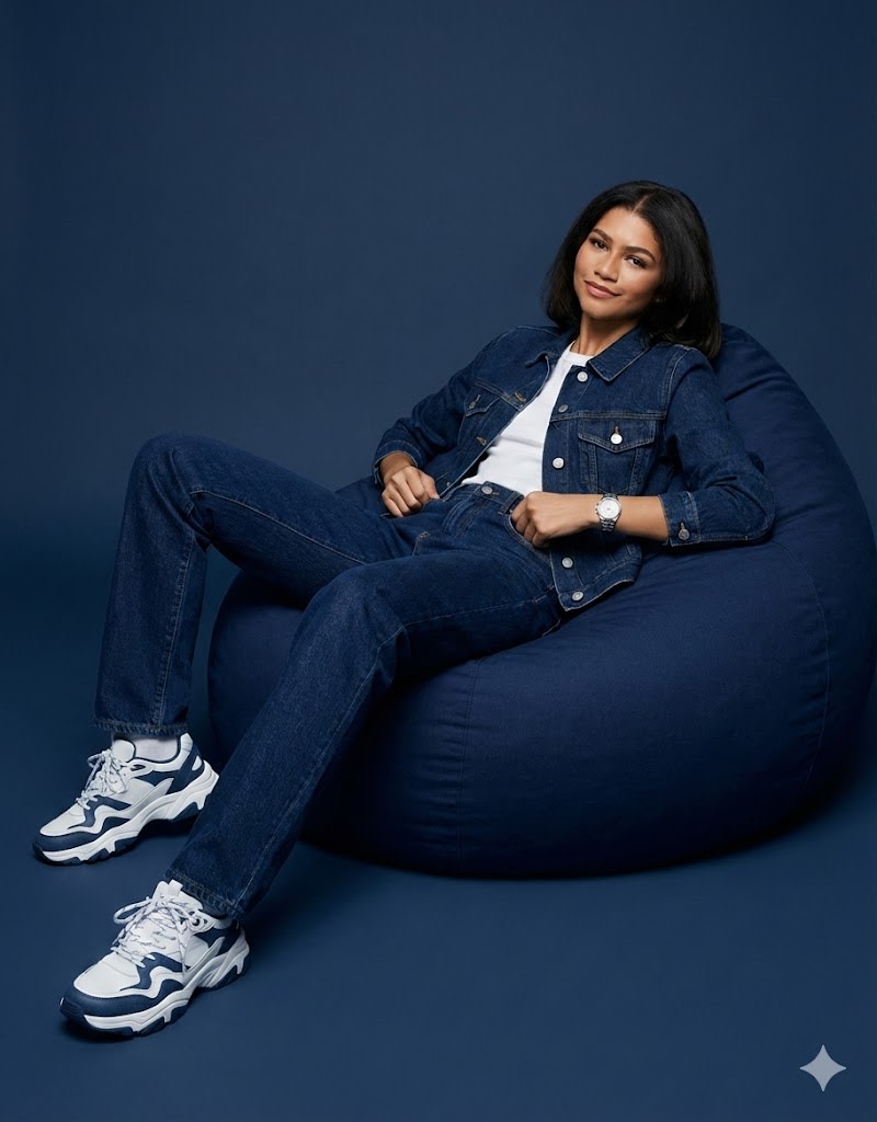 Hyper-realistic cinematic full-body fashion photoshoot of the uploaded person (age 26, 5'5"), exact face and hairstyle from uploaded image, perfectly styled. Leaning back on deep navy blue bean bag, one arm resting on bag edge, legs slightly apart, exuding confidence. Bold all-navy Blue denim navy blue jacket: under white t-shirt, with denim blue jeans, chunky sneakers, silver watch. Solid navy blue background.