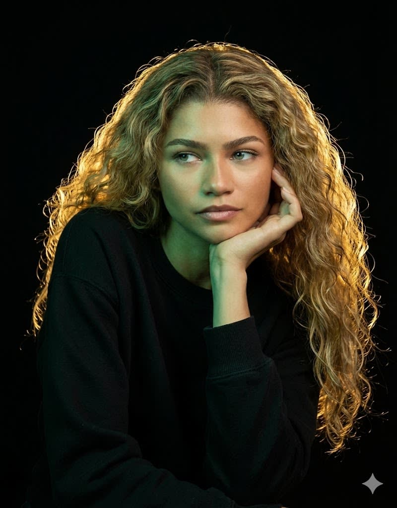 Ultrarealistic artistic portrait of the model in the reference photo, preserving all real features. [uploaded image], [do not alter the face in the submitted photo], wearing a stylish black sweatshirt, hair glowing with golden backlighting, contrasted by cool green light on the face and chest, against a deep black background. The model is posed slightly in profile, head turned gently to the side with a thoughtful expression, avoiding direct eye contact with the camera.