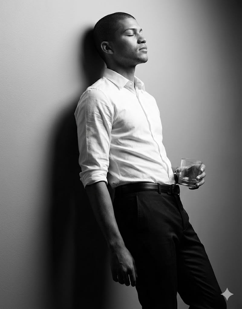 Um retrato cinematográfico em preto e branco meu, mantendo meu rosto real inalterado. Estou de perfil, encostado em uma parede lisa com uma postura relaxada, mas elegante. Minha cabeça está ligeiramente inclinada para trás, queixo levantado e olhos fechados, transmitindo uma sensação de calma e introspecção. Meu braço esquerdo repousa naturalmente ao longo do corpo, enquanto meu braço direito está dobrado, segurando um copo transparente na altura da cintura com uma pegada leve. Estou vestindo uma camisa social branca bem ajustada com as mangas casualmente arregaçadas até os cotovelos; o tecido está ligeiramente esticado no peito e nos braços, enfatizando uma silhueta sob medida. A camisa está bem dobrada dentro de calças escuras e bem ajustadas, presas com um cinto preto fino.
​Sem acessórios adicionais, o visual permanece atemporal e minimalista. A iluminação é dramática e de alto contraste, com realces suaves acentuando os contornos do rosto, as dobras da camisa e o copo, enquanto sombras profundas intensif
