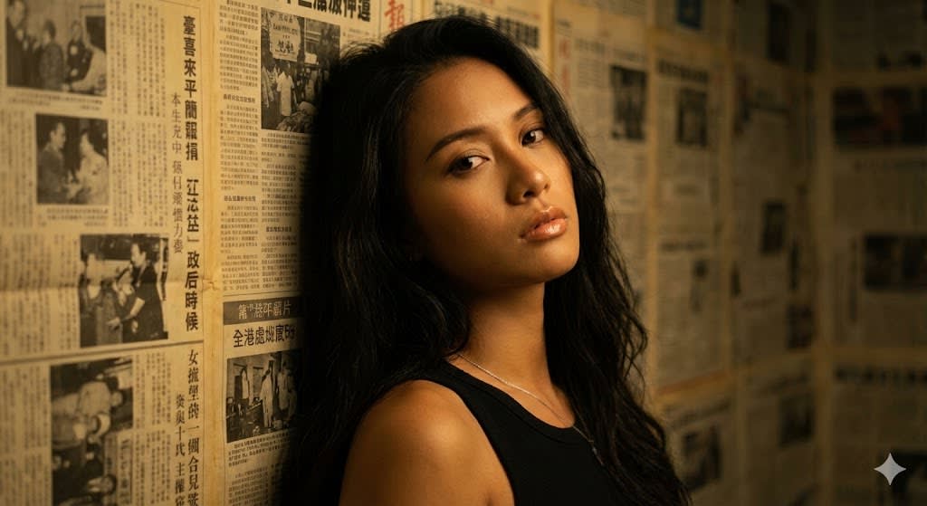 A medium-close-up portrait photograph (from the chest up) with a moody, intimate, and slightly vintage aesthetic. It captures a female figure leaning casually against a wall covered in old newspapers. The subject is positioned slightly sideways, with her body close to the wall, and her head tilted to the side, looking directly at the camera with an intense, penetrating expression and a touch of melancholy or sensuality. The composition focuses on the face and its interaction with the textured background.
The female figure appears to have a slender build, as evidenced by the visible shoulder line and arms. Her breasts are small to medium, discreetly visible beneath her tank top. Due to the framing, it is impossible to determine the slenderness of her waist, the width of her hips, the thickness of her legs, or the size of her buttocks. Her skin is medium-tanned and appears natural, with a soft glow reflecting the warm light.
She wears a simple black tank top with thin straps that leaves her shoulders and arms
