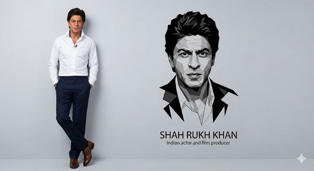 "Ultra-realistic 8K full-body portrait of the same man
from the reference photo, wearing a clean, pressed white dress shirt with a turned-up collar and a small lapel microphone, dark navy blue trousers, and polished brown dress shoes. He is casually and unpretentiously leaning against a smooth, light gray studio wall; his hands are in his pockets and one leg is crossed over the other, with relaxed and confident body language. Add to the wall next to him a prominent black and white vector portrait of his face and chest - with sharp, angular lines, overlapping polygonal shapes, and a minimalist and modern graphic style, just below the information: Shah Rukh Khan, and below the name: Indian actor and film producer."
Use The Face From The Uploaded Reference Image And Preserve The Same Facial Features - Do Not Alter The Face. And Keep My Face 100% Accurate As Shown On Reference Image