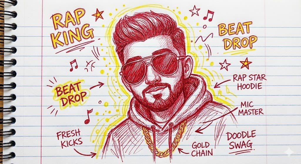 Generate a hand-drawn portrait illustration in red and yellow pen on notebook paper, inspired by doodle art and comic annotations. Keep full likeness of the subject, expressive lines, spontaneous gestures, bold outline glow, handwritten notes around, realistic pen stroke texture, 4K resolution