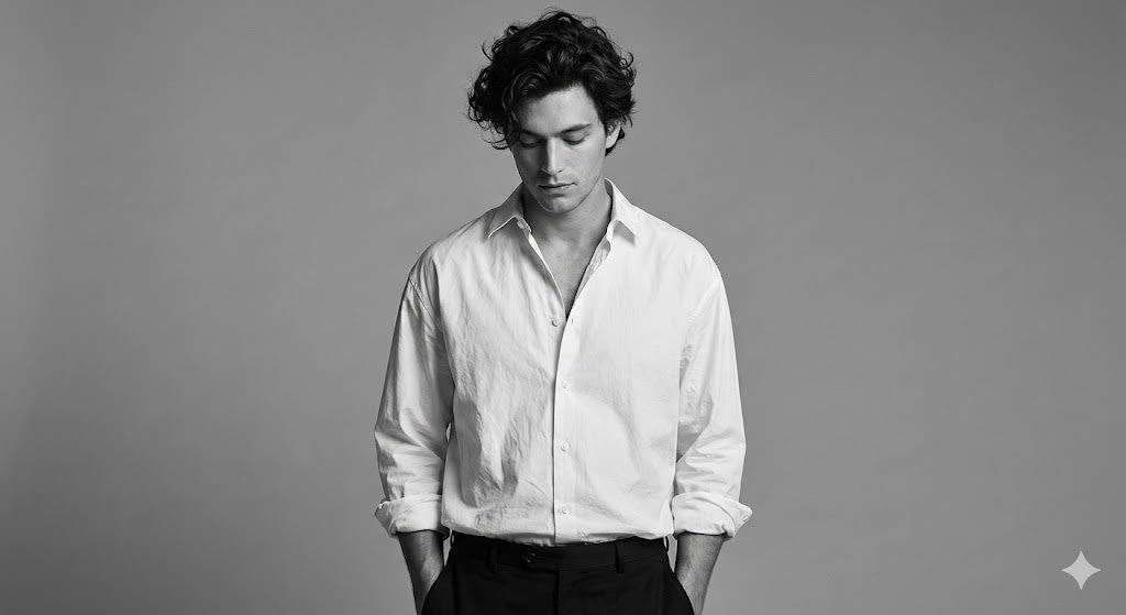 Use the uploaded face image as the base reference, maintaining the exact facial structure, natural expression and hair texture. Create a high-fashion editorial portrait in monochrome. The wardrobe styling must match an intentionally relaxed and slightly disheveled look: A white lightweight cotton shirt that is NOT fitted, slightly oversized and hanging loosely on the body. The top buttons are casually unbuttoned without symmetry, revealing a natural neckline and chest. The sleeves are rolled up in an unstructured, effortless way, soft and uneven, not tight or styled neatly. The shirt should show soft wrinkles and natural folds that emphasize movement and relaxed elegance.
Pose: The subject stands with hands casually placed in the pockets, shoulders slightly dropped. The head tilts gently downward, eyes looking down - projecting a calm, introspective presence. Body language must be effortless and confident in a quiet, subtle way, not posed or tense.
Hair: Voluminous, naturally messy, airy texture, styled to lo