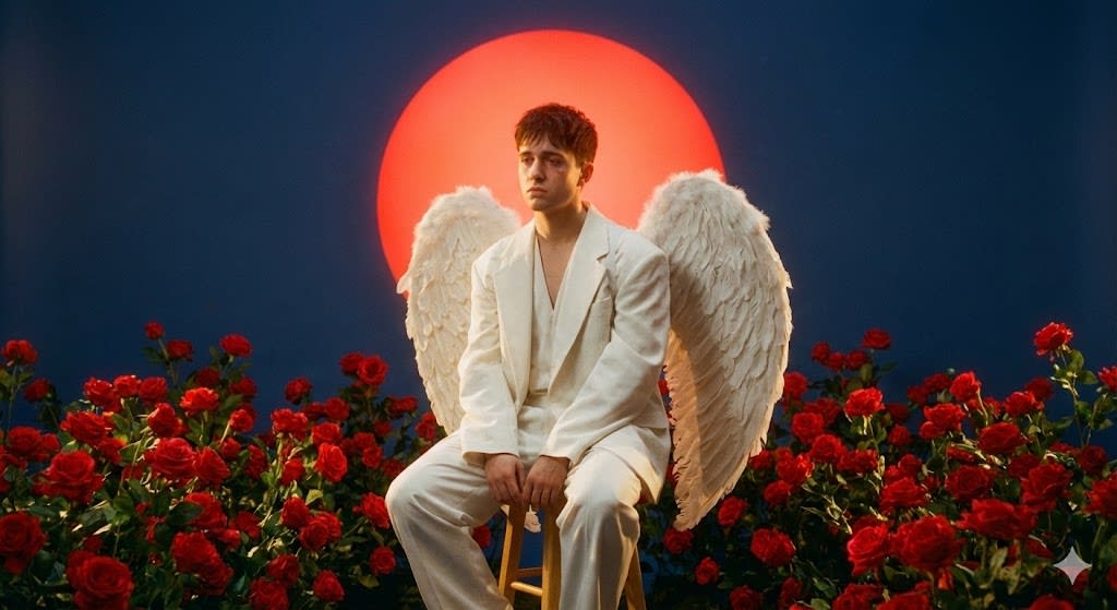 Fotografia analógica, retrato da cintura para cima de um jovem sentado em um banquinho em um estúdio com um fundo azul escuro sólido. Ele veste roupas brancas de vanguarda, oversized, com silhuetas largas e grandes asas de anjo detalhadas. Está rodeado por um grande e exuberante roseiral repleto de rosas vermelhas vibrantes, criando um forte contraste com o fundo azul. Atrás dele, um grande sol vermelho brilhante domina o fundo, adicionando uma iluminação dramática e quente e uma atmosfera surreal e simbólica. O rosto do jovem exibe uma expressão triste e contemplativa. A composição utiliza o contraste de cores complementares – rosas vermelhas e sol – contra o fundo azul para criar impacto visual, com iluminação suave e melancólica e uma sutil textura de granulação de filme, evocando uma cena poética e cinematográfica de arte.