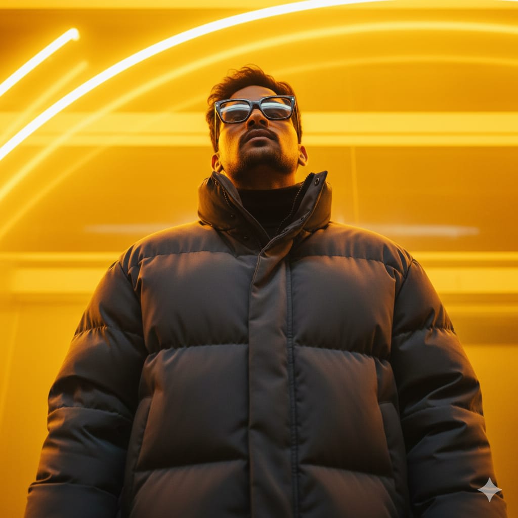 A cinematic urban portrait of me, keeping my real face unchanged. I am standing
upright, viewed from a low angle, which makes me appear taller and more dominant in
the frame. My head is tilted slightly upward, and my gaze is directed above the camera,
as if I am looking toward the light, creating a confident and thoughtful expression. My lips
are closed, and my jawline is accentuated by the lighting. My arms rest naturally by my
sides, out of the main focus, keeping the pose strong and minimal. I am wearing a thick,
oversized puffer jacket in a matte dark color, with a high collar that adds volume around
my neck and shoulders. The jacket's fabric has a smooth, padded texture that reflects
the ambient light, emphasizing its structure. On my face, I am wearing large, modern
eyeglasses with a thick, dark frame, adding a bold accessory detail to the look. My
hairstyle is slightly curly and voluminous, complementing the casual but stylish
streetwear vibe. The background is filled with glowing neon yello