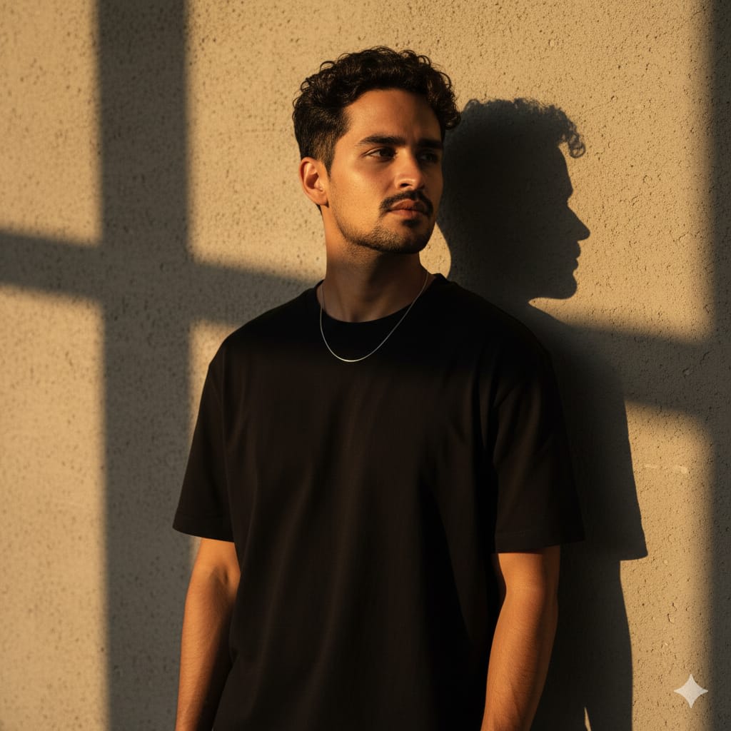 Cinematic portrait of me, keeping my real face unchanged. 1 am standing close to a
wall, my upper body slightly turned toward it, with my right shoulder leaning closer while
the rest of my torso angles outward. My arms hang naturally at my sides, relaxed and
casual. My head is tilted slightly to the right, and I am looking off into the distance with a
calm, thoughtful expression, as if lost in contemplation.l am wearing a loose-fitting, plain
black t-shirt made of soft cotton fabric, with a relaxed, casual drape over my shoulders
and torso. Around my neck is a thin, minimalistic necklace that adds a subtle accessory
detail. The lighting is dramatic and golden, as if from the setting sun, casting long
rectangular patterns of light and shadow on the wall behind me. My silhouette and hair
create a strong shadow on the wall, adding depth and atmosphere. The warm light
illuminates part of my face and hair, while the rest remains in soft shadow, creating a
moody and cinematic effect.
The camera is positioned at eye-level, framing me from the waist up with a portrait focal
length of about 85mm. The perspective feels intimate and natural, emphasizing the
interplay of light, shadow,
and mood.Style: cinematic, editorial portrait photography, moody sunset lighting, natural
shadows, professional fashion vibe.same face.