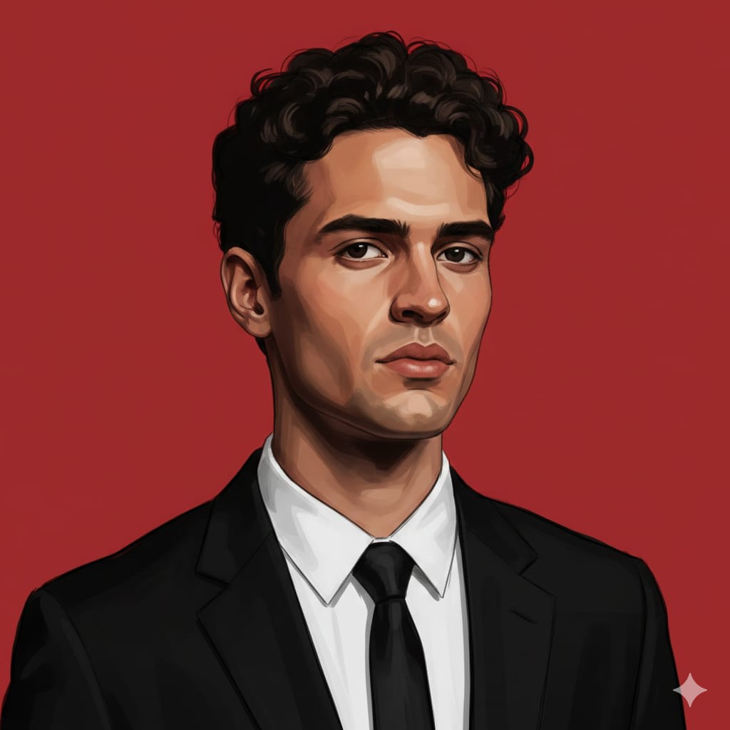 Convert the uploaded photo into a square-format diaital 3D painting styled as a dramatic graphic- novel character portrait. The face and hair are strictly preserved from the original mage: use the exact same facial features, proportions, skir texture, and bone structure, and keep the hair exactly as it appears in the uploaded photo, with no beautification, reshaping, stylization, smoothing, or exaggeration of any kind Apply harsh cinematic lighting with bold, dramatic shadows to emphasize facial structure without altering identity, and use strong brushstroke textures with rough sketch lines while maintaining stylized realism with clean edges and painterly depth. The mood should be serious, powerful, and intense. The character is wearing a black suit with a white shirt and black tie posed with a confident, stoic expression and a slight head tilt Keep the color palette minimal-deep blood red, black, and natural skin tones only. The background must be a solid blood-red color with no texture or details. The portrait should be tightly cropped from the chest to the top of the head ultra-sharp in detail, with the face remaining %100 identical to the uploaded photo