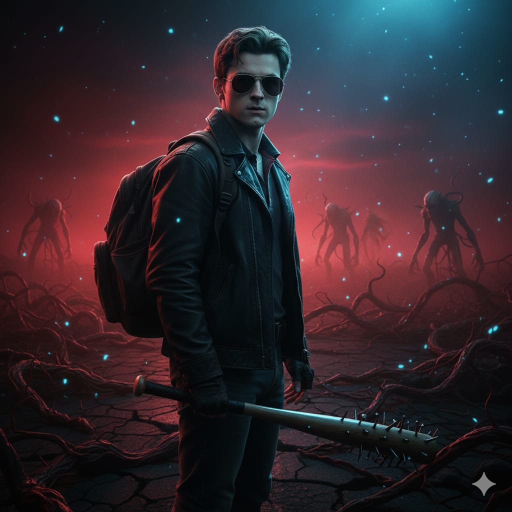 sing {reference image), recreate a Stranger Things- style scene. Keep my real face perfectly natural and unchanged. I am standing confidently, holding the iconic baseball bat with nails in my right hand. Place me inside the Upside Down world with floating particles, red mist, dark atmosphere, and eerie blue lighting. Show cracked ground, dark vines, and Demogorgon silhouettes in the distance. My outfit should match the 80s adventure style: jacket, gloves, backpack, and sunglasses if suitable. The scene should look cinematic, dramatic, and intense like a Season 4 hero moment. Camera angle: slightly low, heroic angle. Keep the identity 100% accurate, do not beautify or alter the face. Maintain a realistic Stranger Things color palette and mood